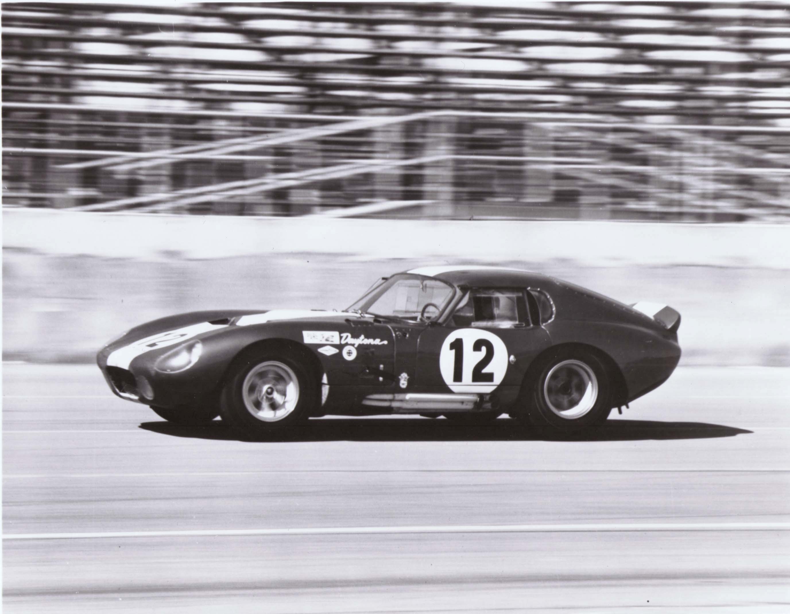A Shelby Daytona Coupe racing on a track